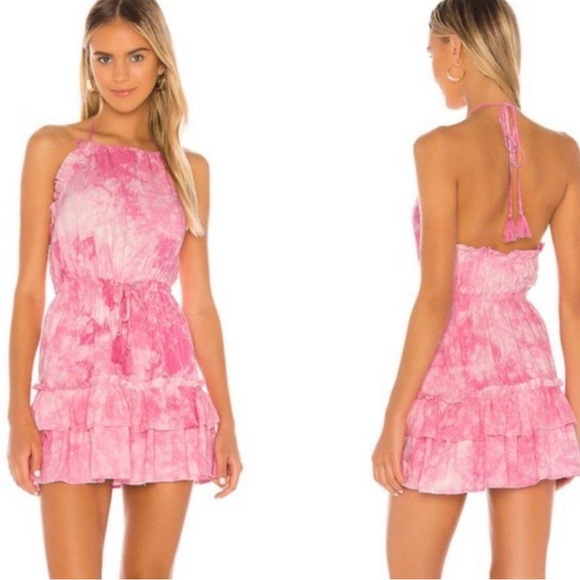 MAJORELLE Dresses & Skirts - Majorelle Pink Baker Tie Dye Halter Ruffle Tassels Mini Dress XL